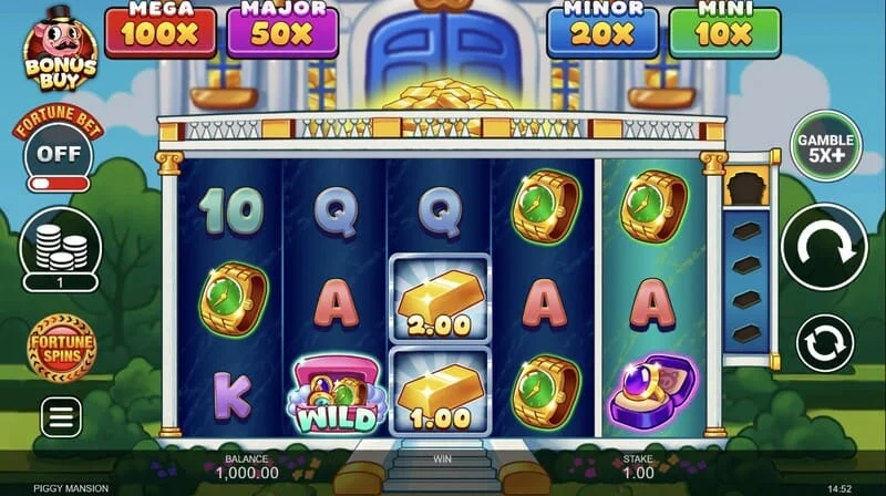 Piggy Mansion - speelscherm met een 5x3 raster en geldsymbolen